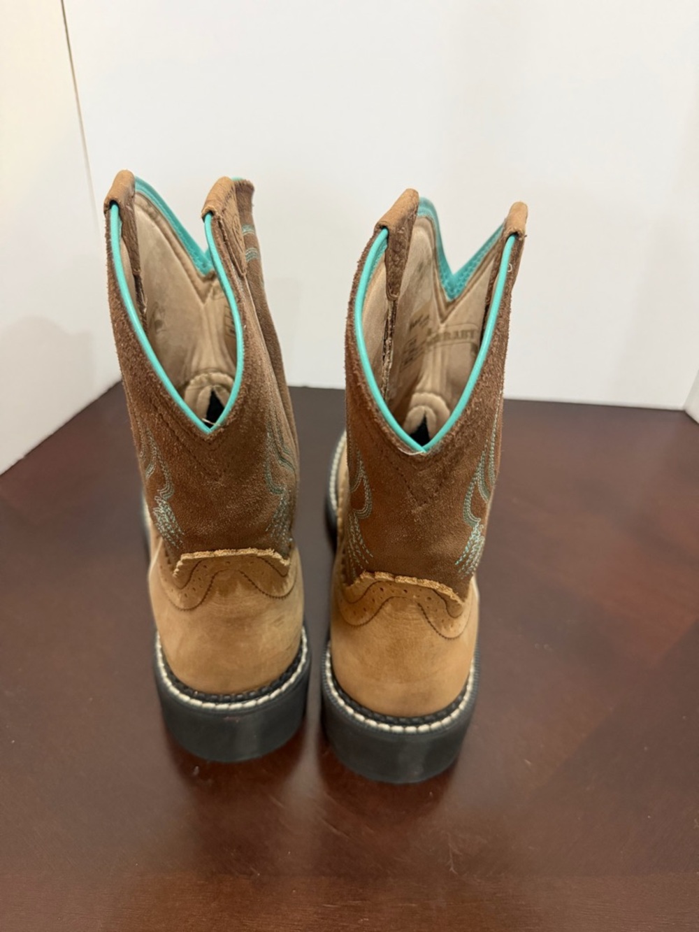 Ariat Tan and Brown Ladies Fat Baby Western Boots with Teal Stitching - Picture 5 of 7